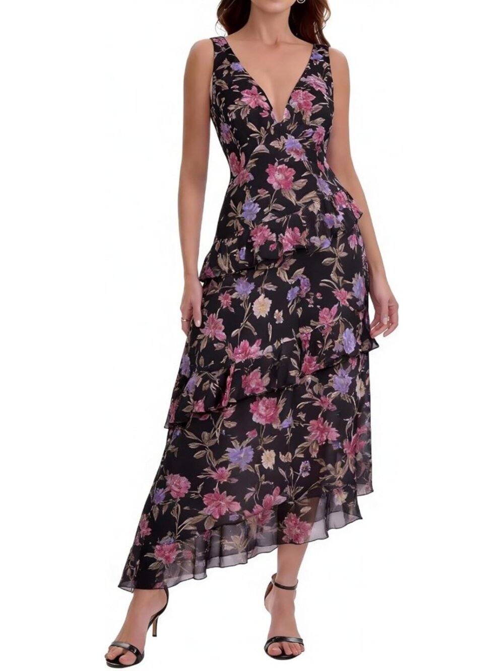 Boho Floral Maxi Dress - V-Neck Sleeveless Tiered Flowy Sundress for Summer